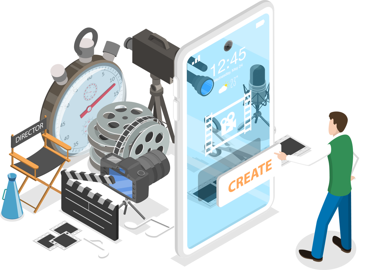 3D Isometric Flat  Concept of Mobile Video Editing App.